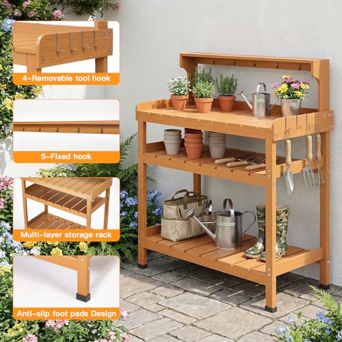 Frogprin Potting Bench Table, Extra-Large Outdoor Garden Potting Bench (HDPS) with 9 Hooks, All-Weather Garden Table Work Station, No Rust, No Fade, No Break (Teak, 35.6\'\'X16.5\'\'X45.5\'\')