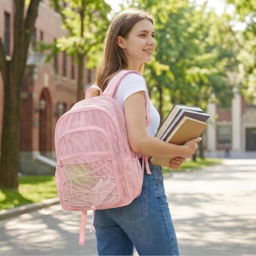 Image of COVAX Heavy Duty Mesh Backpack, Semi-transparent Mesh Bookbag,See Through College Backpack with Bungee and Comfort Padded Straps for Commuting, Swimming, Beach, Outdoor Sports (Pink)