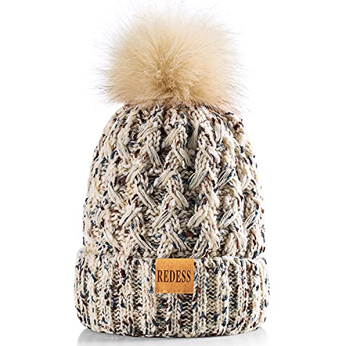 REDESS Women Winter Pompom Beanie Hat Fleece Lined Warm Hats, Thick Slouchy Snow Knit Crossed Cap for Ladies