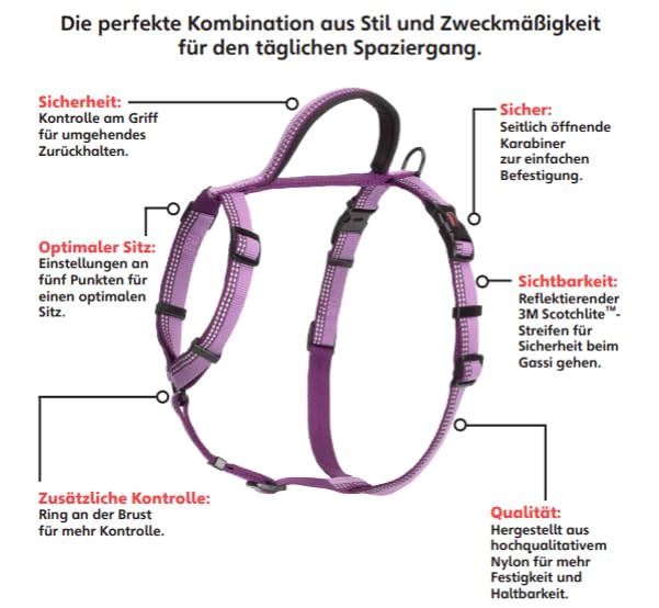 HALTI Walking Hundegeschirr – Mit weichem Neopren-gefüttertem Griff, 5 verstellbare Riemen und 3M-Reflektorgewebe. Geeignet für mittelgroße Hunde (Größe M, Lila)