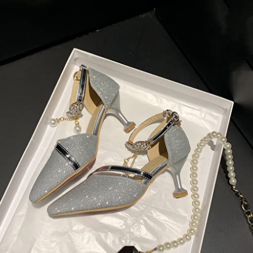 Women's Fashion Glitter Kitten Low Heel D'Orsay Pumps Pointed Toe Bow Pearls Wedding Party Sandal Shoes3