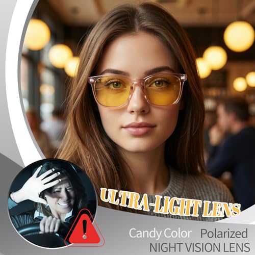 Image of Polarized Sunglasses for Women Men Night Vision Glasses Anti Glare | Yellow Anti Glare UV400 Lens, Lightweight Square Frame, for Day Night Use, Driving, Fishing, Cycling, Traveling