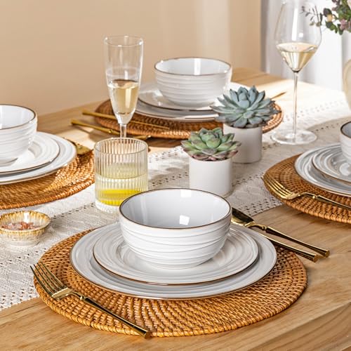 Image of GBHOME Ceramic Dinnerware Sets,18 pcs Embossed Elegant Stoneware Plates and Bowls Sets, Housewarming Wedding Gift | Dishwasher & Microwave Safe | Dishes Set Service for 6