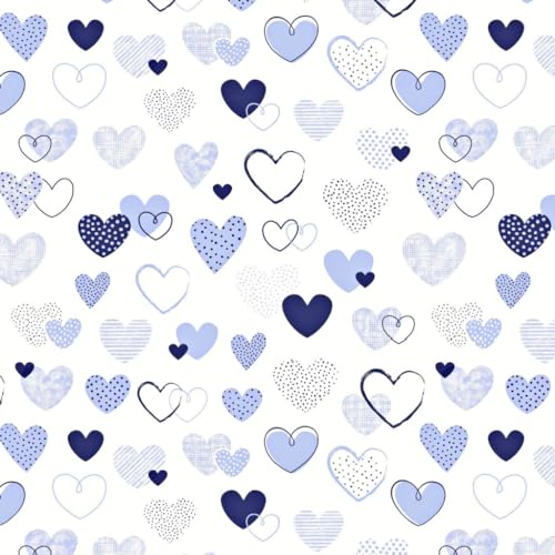 Textrend tissu coton au mètre, tissu de couture, 100% coton, tissu coton en forme de coeur, textiles 1x1,6m (Coeurs à motifs bleu marine sur fond blanc)