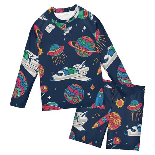 Aflyko Kids' Bathing Suit Set Galaxy Spaceship Rocket Long Sleeve Swim Tops with Shorts Summer Vacation Pool Party Rashguard Fun Cute Infant Beachwear, 4T Multicoloured