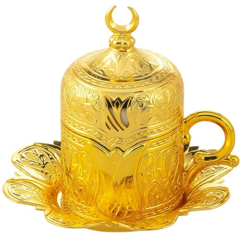 DEMMEX Turkish Greek Arabic Coffee Cup – 2.5oz Porcelain Cup, Heavy-Duty Zamak Metal Holder, Lid & Saucer, Tulip Engraved Fincan, Ottoman-Style, Authentic Gift for Espresso & Coffee Lovers
