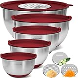 Priority Chef Stainless Steel Mixing Bowls with Lids Set, 3 Grater Attachments, Airtight Lids, Non-Slip Silicone Base Mixing Bowl Set, Large Prep Metal Mixing Bowls for Kitchen, Red
