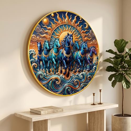 Image of SAF 7 Horse Vastu Round Wall Painting with Premium PVC Golden Frame, Colorful Sun Moon Ocean Art, Running Horses Home Decor for Living Room Office (20 x 20 Inch) GRL-439