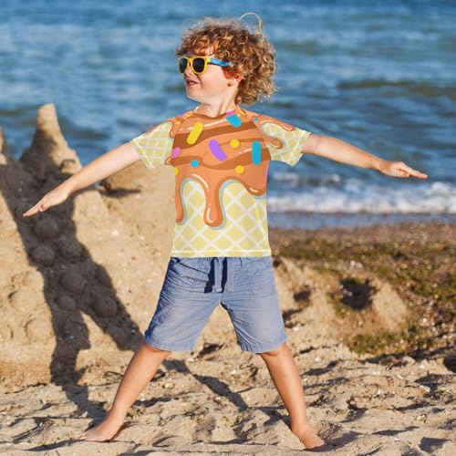 Cute Ice Cream Brown Kids Bathing Suit Sun Protection Tshirts Swimwear Beach Tops 3T4