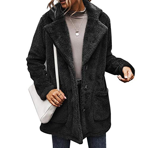 Women Button Fleece Outerwear Long Sleeve Sherpa Lined Coat Cardigan Jacket with Pockets (Black, L)