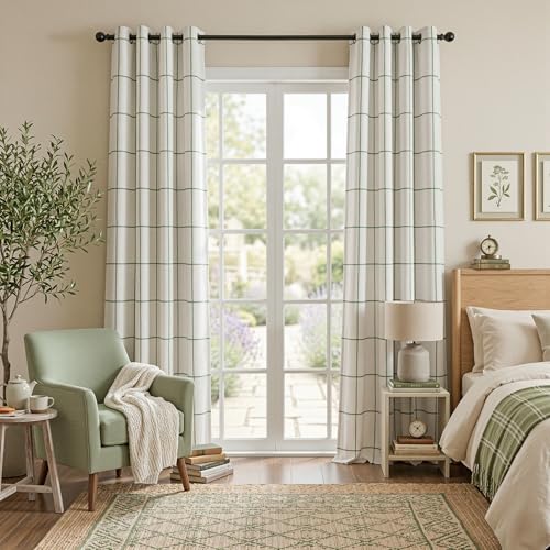 Image of MYSKY HOME 100% Blackout Plaid Linen Ceiling Curtains 96 Inches Long 2 Panels Set - Double Layer Farmhouse Thermal Insulated Checkered Print Drapes for Living Room Bedroom, 2 Pcs, 52 inch Wide, Green