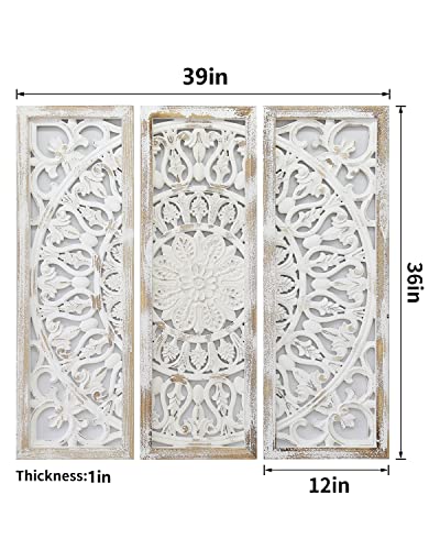 Casolly Carved Wood Wall Decor,Floral-Patterned Wooden Panels (Set Of 3),Decorative Carved Wall Sculpture,39"X36"X1" #TOP1