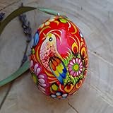 Nachhaltiges Ostergeschenk Schönes rotes Osterei aus Holz zum Aufhängen - Ostereier-Deko  Kräftige Farben  Ukrainische handbemalte Ostereier  Pysanky  Petrykiwka-Malerei