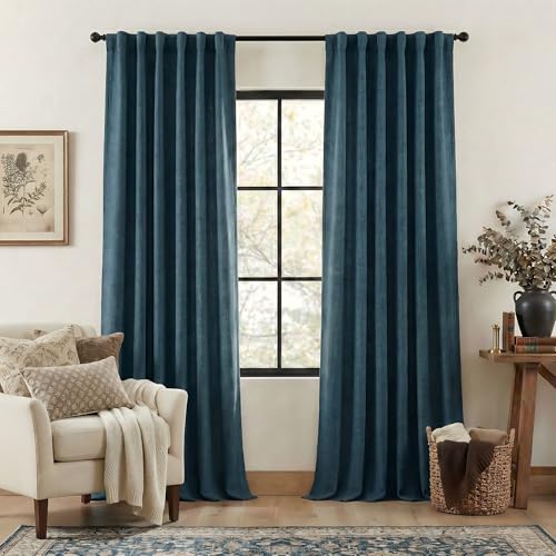 NICETOWN Faux Linen Room Darkening Stone Blue Curtains 84 inches Long, Rod Pocket/Back Tab/Hook Belt Sound Reducing Light Block Thick Window Drapes fo
