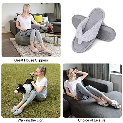 Women's Memory Foam Flip Flop Slippers with Cozy Short Plush Lining,Spa Thong Sandals Mules, Ladies' House Shoes with Indoor Outdoor Anti-Skid Hard Rubber Sole, Grey, Size 7-8