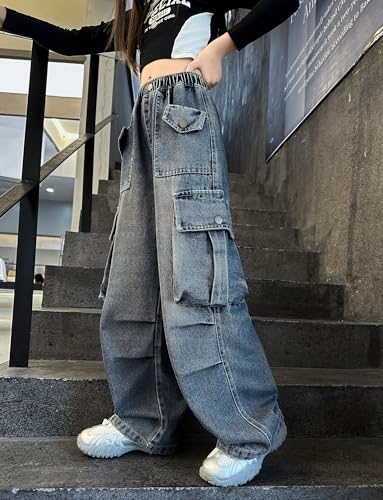 Image of Rolanko Girls Cargo Pants Baggy Y2K Cargo Trousers Jeans Wide Leg Pants with Multi Pockets 4-15 Years