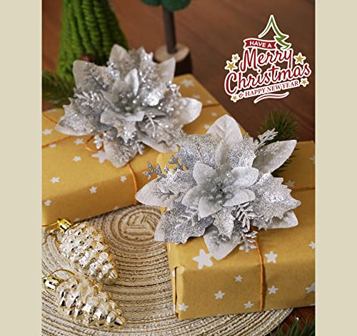 Houísm 20Pcs Christmas Poinsettia Artificial Flowers Decorations, Christmas Tree Wreaths Garland Decoration Glitter Flowers Picks Decor With Stems And Clips For New Year Wedding Party Ornaments White #TOP6
