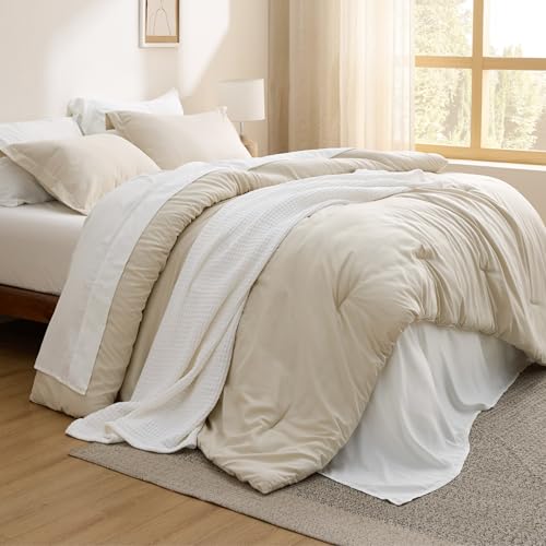 Bedsure Oversized Queen Comforter Set - 7 Pieces Beige Oversized Queen Bedding Set for All Seasons, Boho Contrasting Design Bed in a Bag with Comforter, Sheets, Pillowcases & Shams