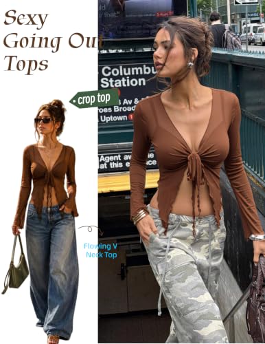 Image of Avidlove Women Mesh Crop Top Y2K Tie Front Tops Rave Top Sheer Cardigan Sexy V Neck Outfits S-2XL