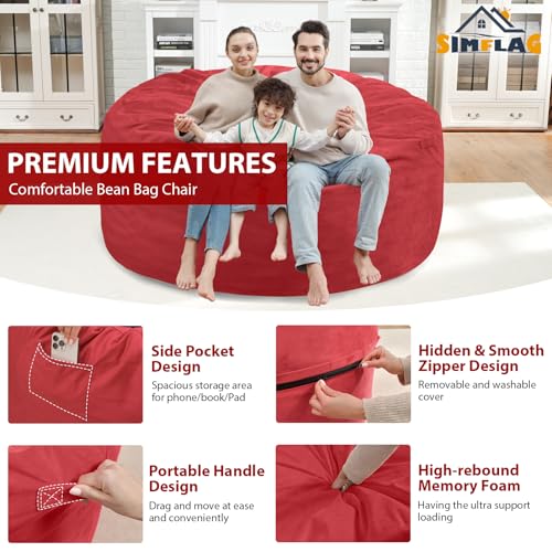 5FT Bean Bag Chair, Large Bean Bag Chairs with Memory Foam Filled, Fluffy Beanbag Sofa with Dutch Velvet Cover, Round BeanBag Chairs for Living Room, Playroom - Red
