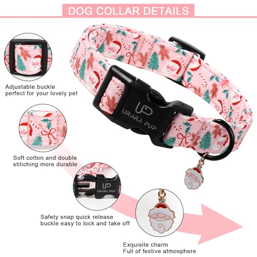 Image of Xmas Dog Collars - Pink Christmas Tree & Santa Dog Collar with Gingerbread- Comfortable, Stylish Pet Collars with Quick Release Buckle for Christmas M