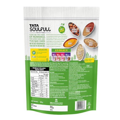 Image of Tata Soulfull Crunchy Millet Muesli, 500 g, Contains Wholegrains Nuts & Fruits, Source of Protien, High Fibre, Contains Ragi & Jowar (Pack of 3)