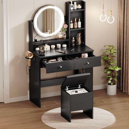 GOOBED Vanity Desk with Mirror and Light, Black Small Vanity Set with Charger Station, Makeup Table with Round Mirror and Adjustable 3 Lighting Modes for Bedroom, Makeup Dressing Desk Chair