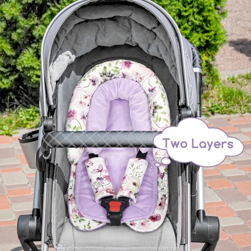 Image of GFU Baby Car Seat Head Support for Newborn, 2 in 1 Infant Car Seat Head Body Support with Strap Pads, Soft Stroller Cushion Pillow Insert for Girls and Boys, Fits for Stroller, Swing, Purple Floral
