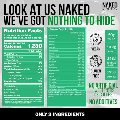 naked vegan mass - natural vegan weight gainer protein powder - 1230 calories non-gmo soy amp gluten free no artificial ingredients - 8lb bulk - 11 servings