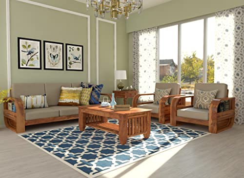 Image of Wooden 5 Seater Sofa Set for Living Room, Five Seater Sofa for Office & Lounge, 3+1+1 Seater Sofa Sets for Home, Sheesham Wood (Honey)