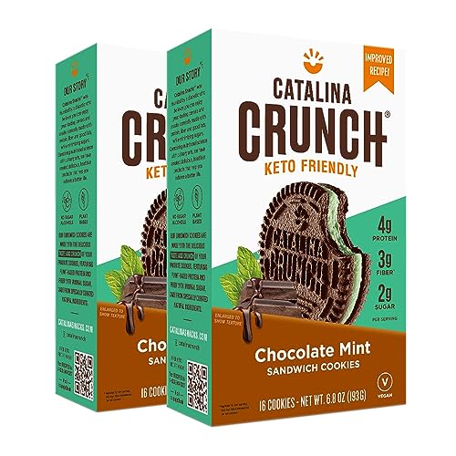 Catalina Crunch Chocolate Mint Sandwich Cookies, Healthy Snacks for Kids & Adults, Vegan, Low Sugar 2g, Low Carb, High Protein 4g & Fiber 3g, Keto Friendly, Plant Based, 6.8 oz (Pack of 2)