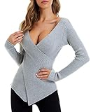QUALFORT Women's Sexy V-Neck Sweater Knit Wrap Slim Fit Pullover Top Grey X-Large