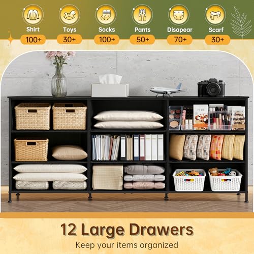 63''W Black TV Stand for 65, 70, 75 inch TV, Large Entertainment Center with 9 Fabric Drawer, TV Media Console Table with Wood Top, Adjustable Feet for Living Room, Hallway - Image 5