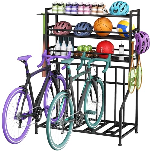 GIOTORENT Bike Rack Garage, 4-Bicycle Stand with 3-Tier Storage Rack, Adjustable Bike Storage for Mountain, Road, Commuter & Fat Tire Bikes, Garage Organizer with Hooks for Sports Gear