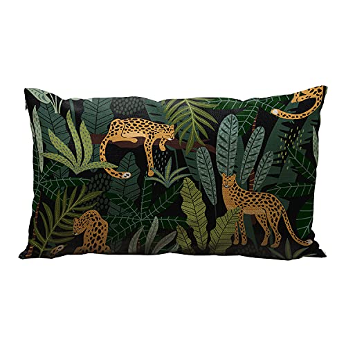 Wozukia Housse de coussin léopard - Motif animaux de la jungle - Feuilles tropicales - Style tendance - Jaune et vert - Tissu en lin pour canapé, lit,...