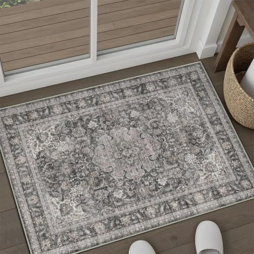 2x3 Washable Black Grey Vintage Area Rug for Entryway Non-Slip Low Pile Traditional Carpet Retro Distressed Vacuumable Door Mat Small Throw Rug for Entrance Bathroom