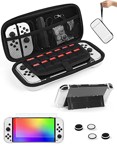 Switch Carrying Case Compatible with Nintendo Switch/Switch OLED, 12 Game Cartridges Hard Shell Travel Switch Bag for Console & Accessories, Comes with HD Screen Protector, Stand & Thumb Grip