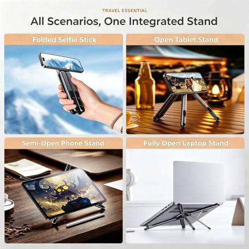 Image of 4-in-1 Foldable Laptop Stand, Magnetic Phone Stand & Selfie Stick with 180 Rotating Magnetic Head, Portable Travel Laptop Holder Tripod, 8-Level Ergonomic Height Adjustable Stand (Orange, 1 PCS)
