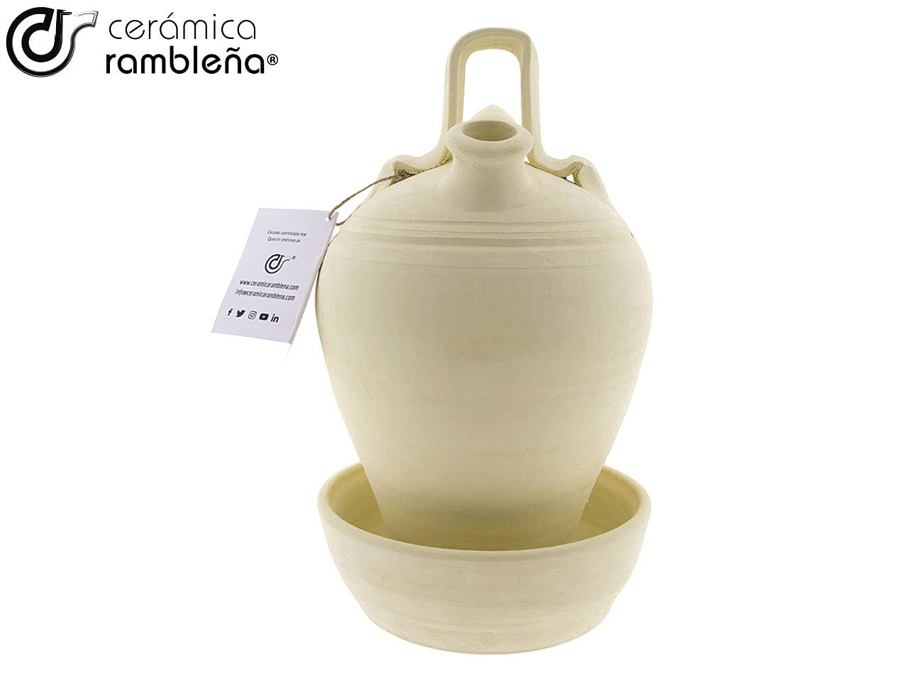 CERÁMICA RAMBLEÑA | Base de cruche en terre cuite traditionnelle Vuelta de La Rambla (Córdoba) | 100% fait main | 3 litres | Écho | plaque incluse