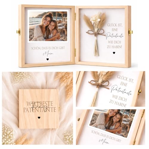Personalisierte Geschenkbox Holz Weltbeste Patentante mit Namen Fotogeschenk Patentante mit Spruch & Blume Geschenk Geburtstag Weihnachten Danke (Glück ist eine Patentante wie dich zu haben!)