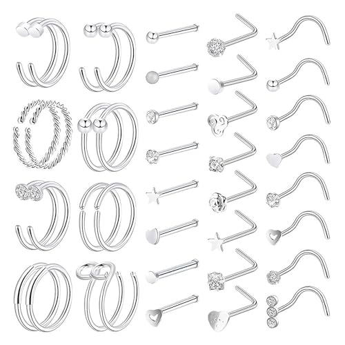 XFSRG 40 Piezas Piercing Nariz Circonita Brillante Acero Inoxidable Piercing Oreja Accesorios de Moda Apto para Mujeres y Hombres