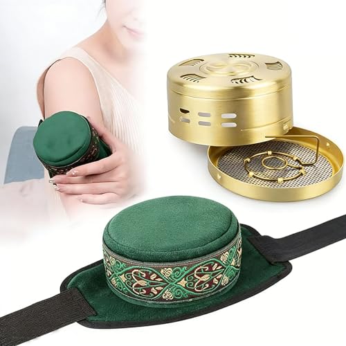Velorique Smokeless Copper Moxa Box Copper Tank Moxibustion Treatment Tool Ai Jiu Bag with Box for Neck Shoulder Back for Remove Dampness   (Green)