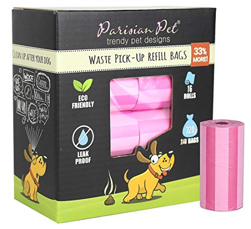 Parisian Pet Dog Poop Bags for Dogs â€“ Refills Rolls of Doggie Bags for Poop â€“ Unscented Dog Poop Bag â€“ Eco-Friendly Pickup Pet Waste Bags, 16 Rolls, Striped Pink