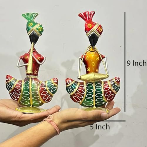 Image of Rajasthani Musician Figurines Set of 2 | Handcrafted Metal Showpiece | 5 x 2 x 9 Inch | Traditional Home Decoration Items for Living Room | Ethnic Table Decor & Gift Item