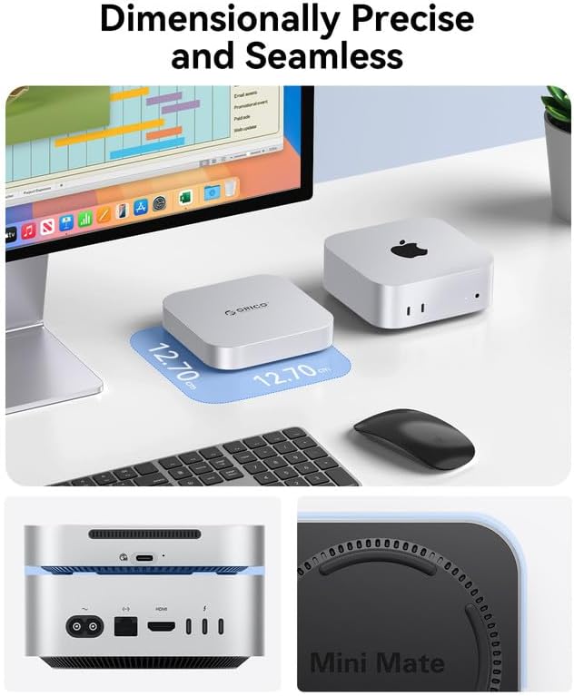 ORICO MiniMate next to a Mac mini on a desk, showing its precise dimensions and seamless integration