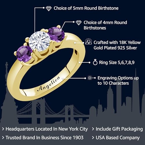 Gem Stone King Customized and Personalized 5MM and 4MM Gemstone Birthstone 3-Stone Ring | 18K Yellow Gold Plated Silver | 3 Stone Wedding Engagement Anniversary Promise Ring For Women2