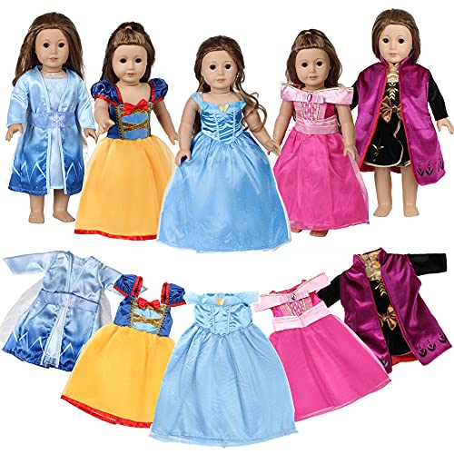 Mikyra 18-inch Doll Clothes-Accessories for American Girl - 5 Pc Princess Dresses Set Includes Anna,Elsa,Aurora,Snow White and Cinderella
