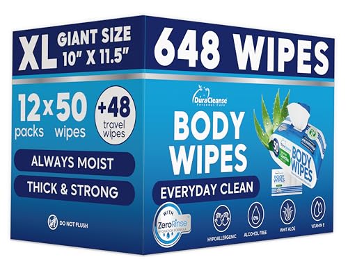 Image of XL Body Wipes Bulk Case - No Rinse Shower Wipes for Adults - 600 Ct 12-Pack | Stock-Up Case for Home, Facility & Caregiving, Extra-Thick 60 GSM Cloth, Aloe & Vitamin E, pH-Balanced, 12 Resealable Packs