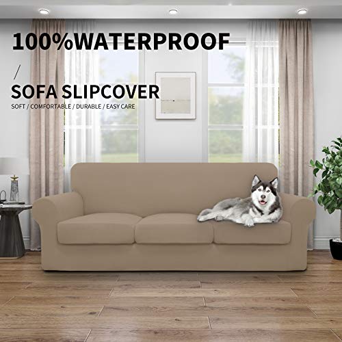 Image of Easy-Going Waterproof 4 Pieces Stretch Couch Cover for 3 Cushion Camel | 100% Dual Waterproof Sofa Slipcover for 3 Separate Cushion Couch Leakproof Furniture Protector for Kids, Pets
