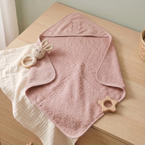 Image of Baby Hooded Towel for Girls (0 - 1.5Years) | Soft Cotton Terry Hooded Towels | Pink Baby Hooded Towel for Newborn & Infant | 70 x 70 cm